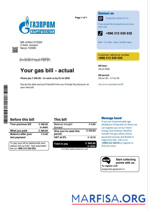 Downloadable Kyrgyzstan Gazprom utility bill template in Word and PDF format